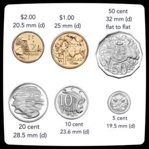 May include: A collection of Australian coins including a $2.00 coin at 20.5 mm, a $1.00 coin at 25 mm, a 50 cent coin at 32 mm flat to flat, a 20 cent coin at 28.5 mm, a 10 cent coin at 23.6 mm, and a 5 cent coin at 19.5 mm in diameter.