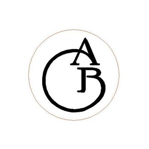 May include: A circular logo design featuring the black uppercase letters A and B intertwined within a thin black circular outline. The letter A is positioned above the letter B, with both characters centered inside the circular frame on a white background.