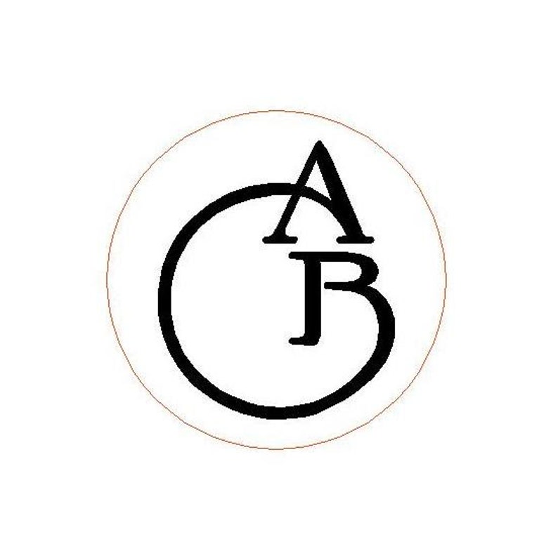 May include: A circular logo design featuring the black uppercase letters A and B intertwined within a thin black circular outline. The letter A is positioned above the letter B, with both characters centered inside the circular frame on a white background.
