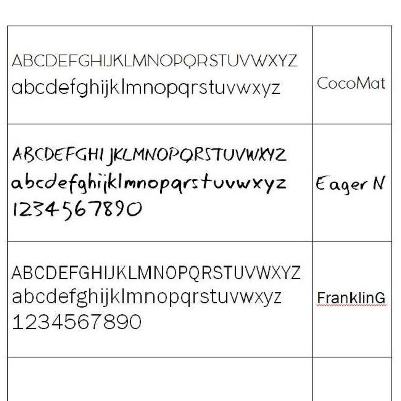 May include: A handwritten font sample showing uppercase and lowercase letters, numbers, and the words "CocoMat", "Eager N", and "FranklinG".