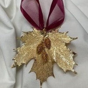 24kt Gold Sugar Maple Leaf Ornament w/Triple Pine Cones