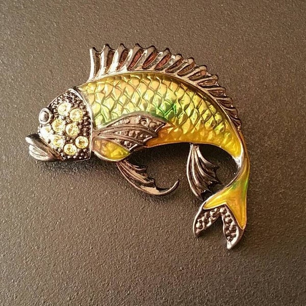 Vintage Fish Brooch, Metal Brooch, Rhinestones, Enamel Paint, Clear Plastic, 1.7 Inch, Gun Metal Silver Tone (A-BRO-223)6pt