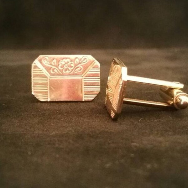 Vintage gemelli rettangolo floreale inciso, Post dritto, Toggle indietro, z tono oro (G-CL-112)