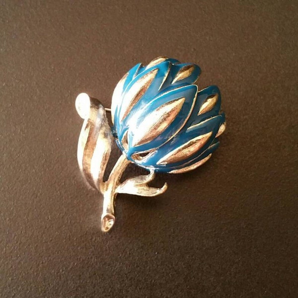 Vintage MONET Brooch, Monet Flower Brooch, Blue Enamel Paint, Art Nouveau, 1.87 Inch, Brushed Finish Silver Tone (A-BRO-221)6pt