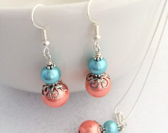 Aqua and Coral Bridesmaid Set, Turquoise and Coral Jewelry, Peach and Aqua Bridesmaid Set, Teal Wedding, Aqua Wedding, Bridesmaid Proposal
