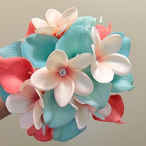 Coral and Aqua Bouquet, Bridesmaid, Plumerias Bling, Hand Tied, Beach Theme, Turquoise, Peach Bouquet, Calla Lilies, Calla Lily, Real Touch
