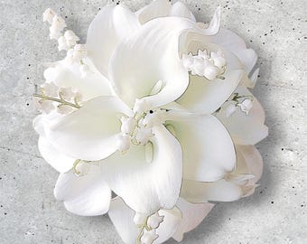 White Calla Lily, Bridesmaid Bouquet, Lily of Valley, Hand Tied, Rhinestone Ribbon, Black Ribbon, Choose Your Ribbon, Wedding, Black White