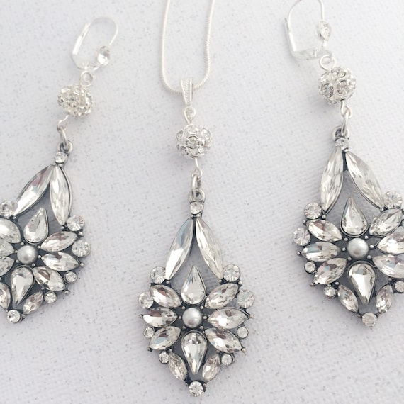 Clear Rhinestone Dangle Bridal Set, Crystal Rhinestone Flower, Drop Wedding Set, Rhinestone Earrings, Bridal Jewelry Set, Pearl Rhinestone