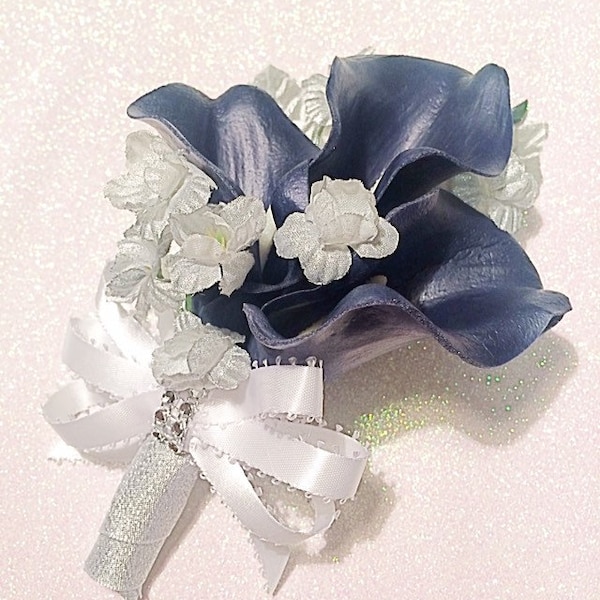 Navy Silver Corsage, Calla Lily Corsage, Silver Flowers, Navy Calla Lilies, Navy Flowers, Prom Corsage, Wedding, MOB, MOG, Navy White, Bling