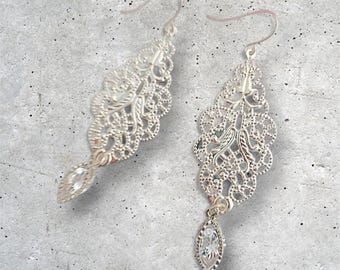 Bridal Chandelier Earrings, Sterling Silver, Filigree Dangle, Wedding Jewelry, Crystal Teardrop, Long Silver Drop, Delicate, Crystal Bridal