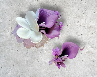 Purple Corsage with Calla Lilies and Plumeria, Violet Wrist Flower, Purple Boutonniere, Wedding Flowers, Prom Wristlet