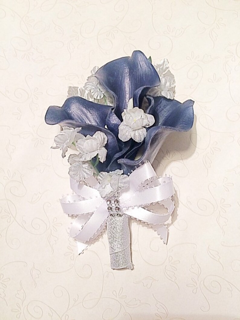 Navy Silver Corsage Calla Lily Corsage Silver Flowers Navy Etsy