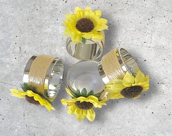 Sunflower Napkin Ring, Yellow Floral Napkin Holder, Farmhouse Table Decor, Rustic Wedding, Set of 4, Barn Wedding