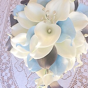 Blue Gray Cascading Bouquet, White Calla Lily Bouquet, Gray Blue Bouquet, Blue Calla Lily, Gray Calla Lily, Bridal Gray Blue Bouquet