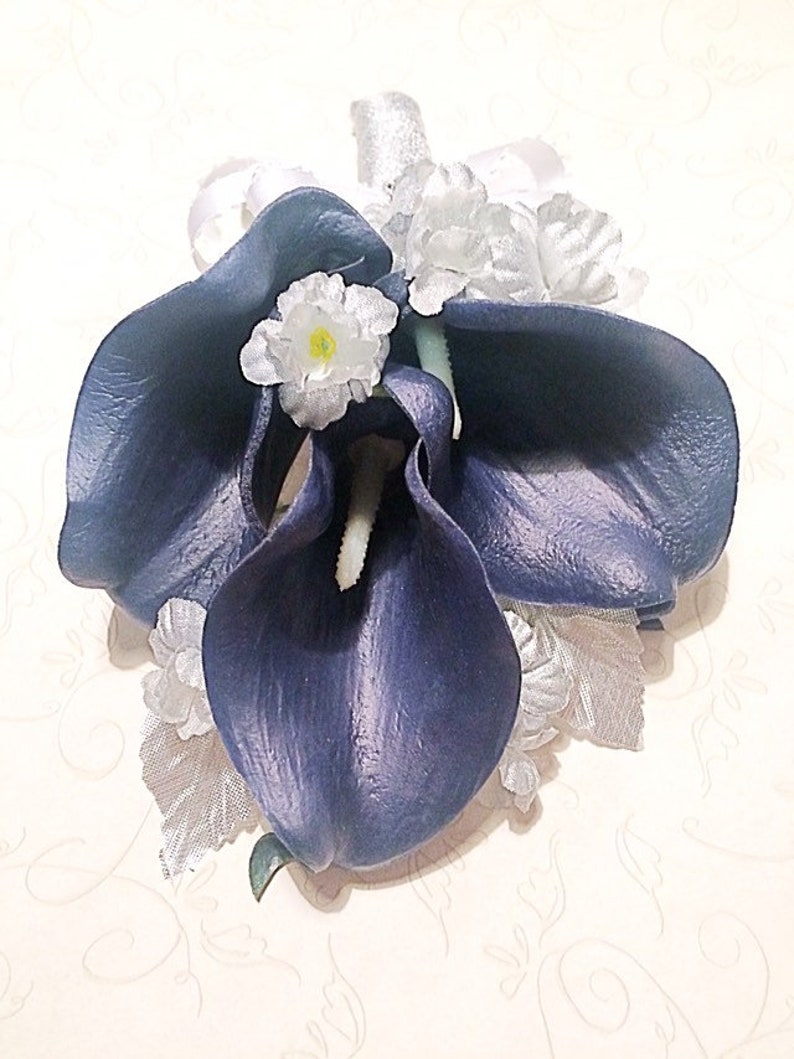 Navy Silver Corsage Calla Lily Corsage Silver Flowers Navy Etsy