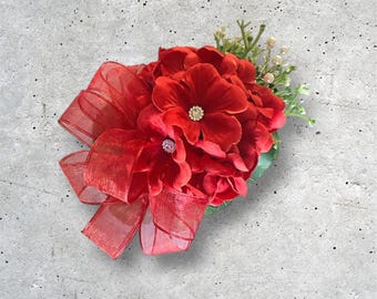Red Flower Corsage: Rhinestone Center, Sorority Pin, Christmas Dance