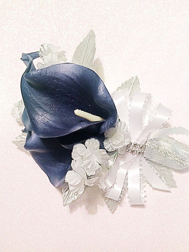 Navy Silver Corsage Calla Lily Corsage Silver Flowers Navy Etsy