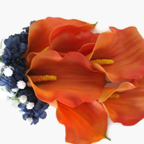 Orange Calla Lily Bouquet, Orange Wedding Bouquet, Bridesmaid Orange Bouquet, Navy Orange Bouquet, Navy Orange Wedding, Budget Bouquet