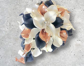 Navy Blue, Rose Gold and White Calla Lily Cascading Bridal Bouquet