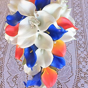 Royal Blue Bouquet, Orange Blue Bouquet, Royal Blue Orange Wedding, Orange Wedding Bouquet, Cascading Bouquet, Blue White Bouquet