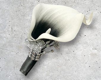 Black Tie Wedding, Picasso Calla Lily, Black White Groom's Flower, Groom Lapel Pin, Classy Boutonniere, Bling Rhinestone, Prom Flower