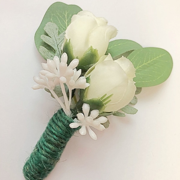 White Ivory Rosebud Boutonniere, Rose Buttonhole, Small Groom Flower, Groomsmen, Choose Your Color, Masculine, Jute Wrap, Silk Rosebud, Pin