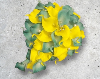 Yellow and Aqua Cascading Bouquet, Yellow Aqua Wedding, Yellow Calla Lily, Bridal Yellow Bouquet, Choose your Colors