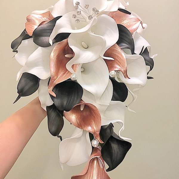 Black, Rose Gold and White Calla Lily Cascading Bouquet, Bridal Bouquet, Bling, Gold Lily, Large Bouquet, Full Wedding, Boutonniere, Corsage