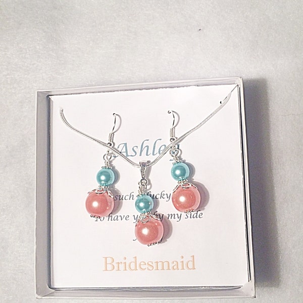 Aqua and Coral Bridesmaid Set, Turquoise and Coral Jewelry, Peach and Aqua Bridesmaid Set, Teal Wedding, Aqua Wedding, Bridesmaid Proposal