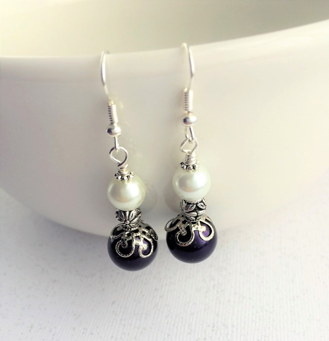 Bridesmaid White Purple Earrings White Violet Jewelry Dangle - Etsy