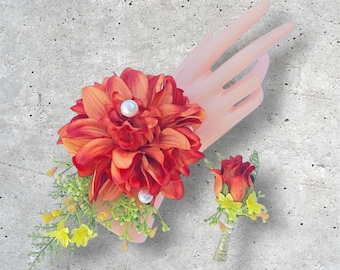 Fall Wedding Corsage Boutonniere Set, Orange Dahlia, Pearl Wristlet, HOCO