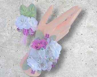 Purple White Rose Corsage Boutonniere Set, Rhinestone Prom Wedding Flowers, HOCO
