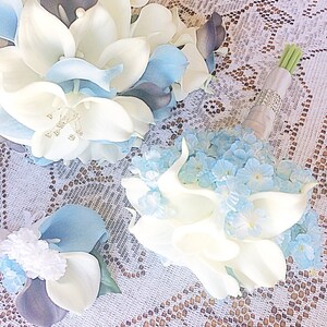 Blue Gray Cascading Bouquet, Full Wedding, White Calla Lily Bouquet, Gray Blue Bouquet, Blue Calla Lily, Gray Calla Lily, Bridal Gray Blue