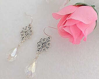 Crystal Drop Earrings, Wedding Jewelry, Bridal Earrings, Flower Dangle, Gift For Her, Floral Wedding Earrings, Silver Crystal Drop Earrings
