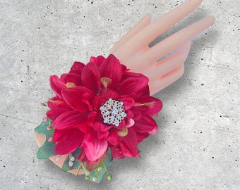 Pink Dahlia Corsage Boutonniere Set: Pearl Wristlet, Prom Flowers, HOCO