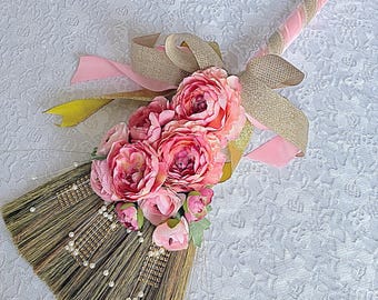 Personalized Wedding Broom For Jumping, Choose Your Colors, Customized Broom, Choose Your Flowers, Coral Peonies, Gold Ribbon