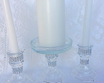 Unity Candle Set For Wedding, Clear Candle Holders, Bling Decor, Rhinestone Candle Holders, Wedding Candle, Ceremony, Bling Candle Holder