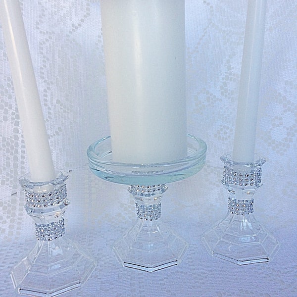 Unity Candle Set For Wedding, Clear Candle Holders, Bling Decor, Rhinestone Candle Holders, Wedding Candle, Ceremony, Bling Candle Holder
