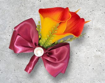 Burnt Orange Calla Lily Corsage, Burgundy Ribbon, Pearl Wristlet, Center Bling, Bridesmaid, Wedding flowers, Wrist Corsage, Fall Wedding