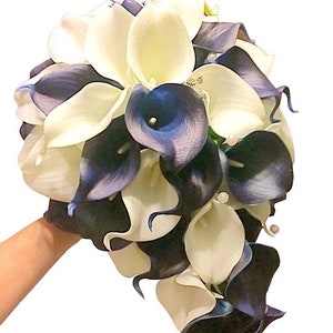 Navy White Cascading Bouquet, Navy White Wedding, Blue Nautical Bouquet, Bridal Blue Bouquet, Choose Your Colors, Calla Lily Bouquet, Bling