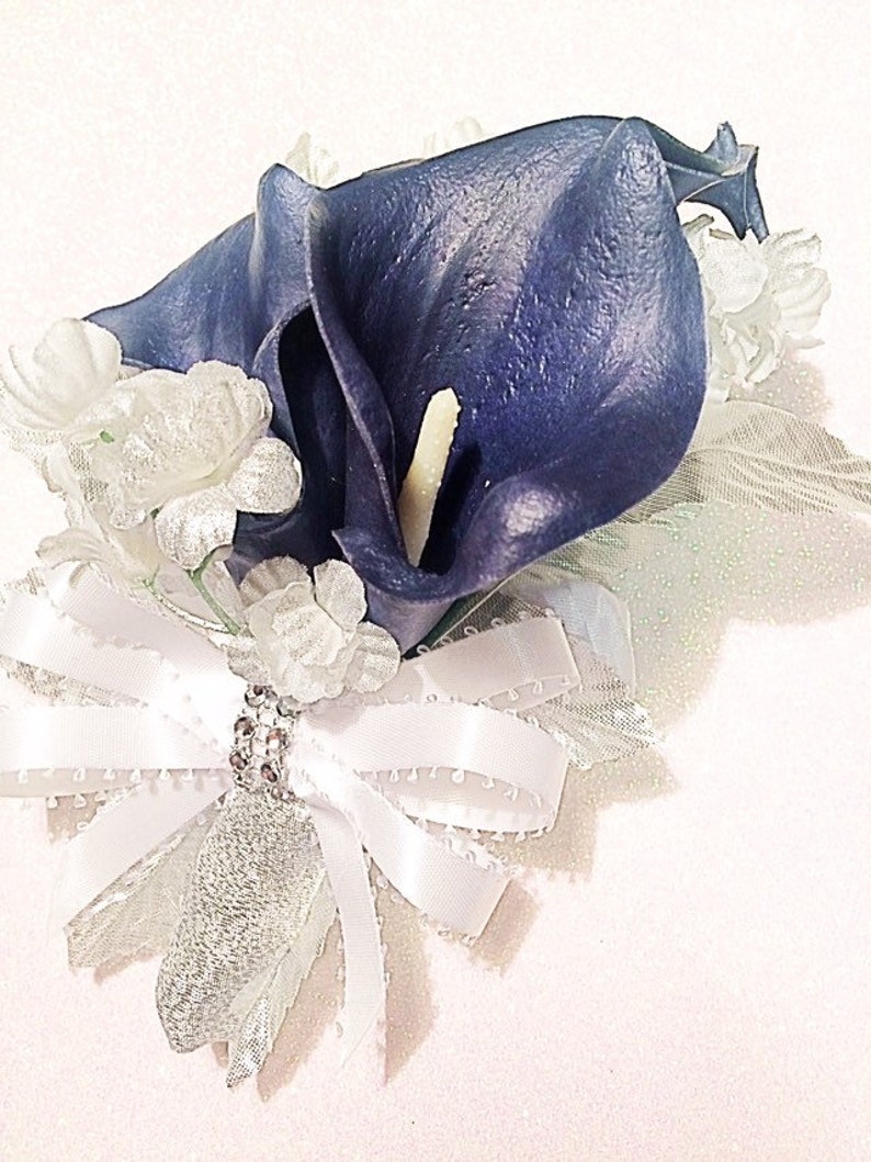 Navy Silver Corsage Calla Lily Corsage Silver Flowers Navy Etsy