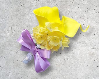 Lilac, Yellow and Gray Corsage, Calla Lily, Lilies, Wrist Corsage, Wisteria, Bridesmaid Flower, Ribbon, Mother of Bride, Mother of Groom