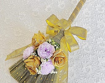 Wedding Broom For Jumping, Choose Your Colors, Customized Broom, Choose Your Flowers, Gold Roses and Lilac Peonies, Gold Ribbon, Lavender
