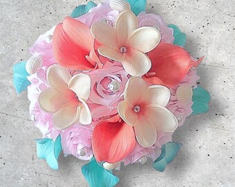Coral, Pink and Aqua Bridal Bouquet, Plumerias Bling, Hand Tied, Beach Theme, Turquoise Peach Bouquet, Calla Lilies, Pink Rose Tropical
