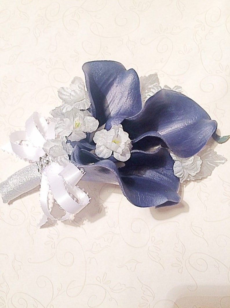 Navy Silver Corsage Calla Lily Corsage Silver Flowers Navy Etsy