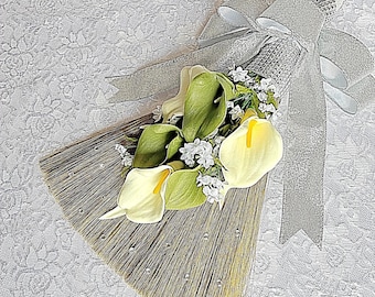 Personalized Wedding Broom For Jumping, Choose Your Colors, Customized Broom, Choose Your Flowers, Sage Green and Ivory, Silver Ribbon