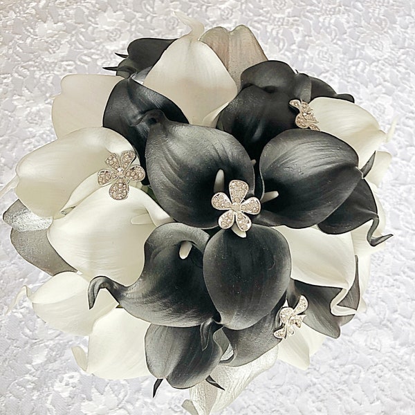 Black, White and Silver Wedding Bouquet, Gothic Bridal Bouquet, Rhinestone Brooch, Classic Wedding Flowers, Round Bridal, Full Wedding