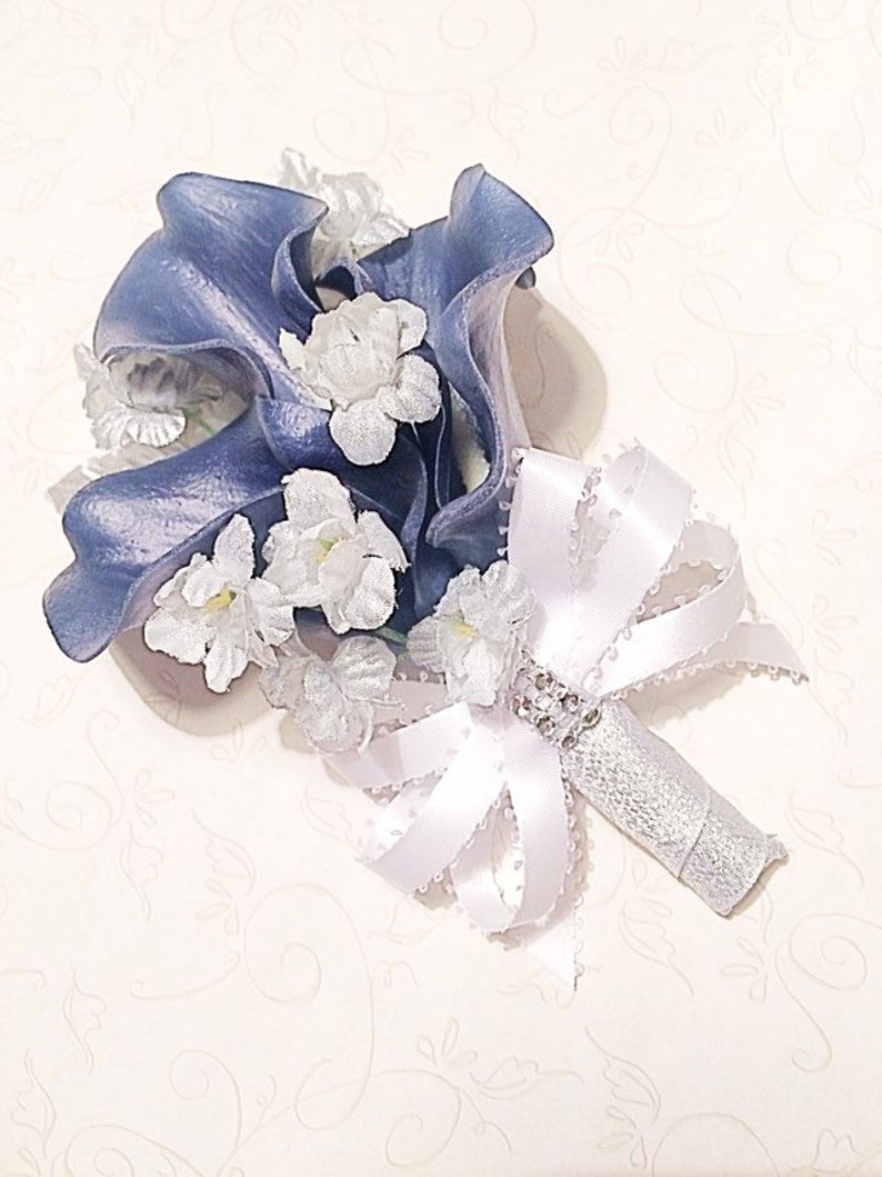 Navy Silver Corsage Calla Lily Corsage Silver Flowers Navy Etsy