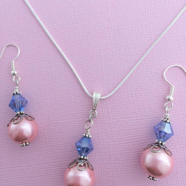 Blush Pink Blue Jewelry, Wedding Jewelry, Bridesmaid Necklace, Bridesmaid Earrings, Pink Blue Wedding, Pearl & Crystal Drop Earrings