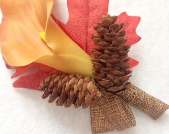 Wedding Boutonnière, Fall Boutonnière, Rustic Wedding, Prom, Pine Cone Boutonniere, Fall Leaves, Orange Calla Lily, Lapel Pin, Buttonhole